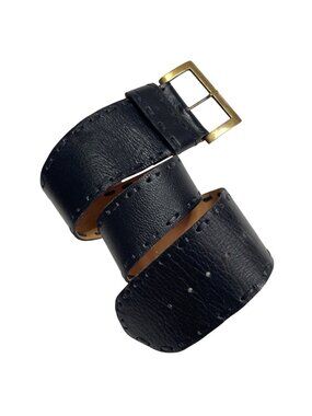 Handmade Black Leather Belt with Brass Buckle Stitch Detail Made in Uruguay Sz M